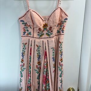 FARM Rio Pink Midi Dress with Floral Embroidery